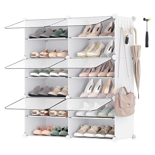 SONGMICS Interlocking Shoe Rack Cabinet, 6-Slot Modular Storage Organiser Unit, 30 x 40 x 30 cm for Each Slot, with Doors, Steel Frame, Plastic Panels, White LPC033W01