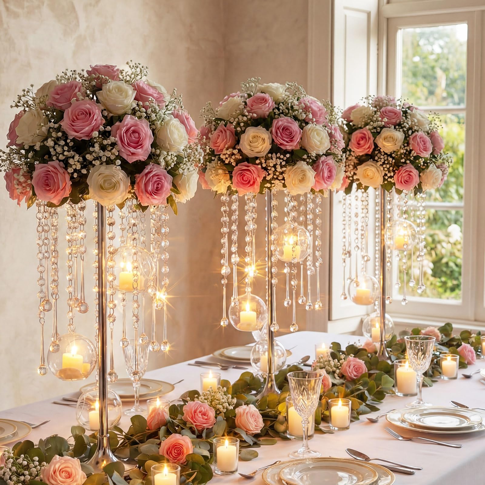 Photo 1 of Novabright 6 Pack Tall Crystal Wedding Centerpieces with Hanging Acrylic Globes - 21.7 Inch Tall Silver Wedding Flower Stand Vases for LED Candles Dinner Ceremony Party Event Tables Decorations