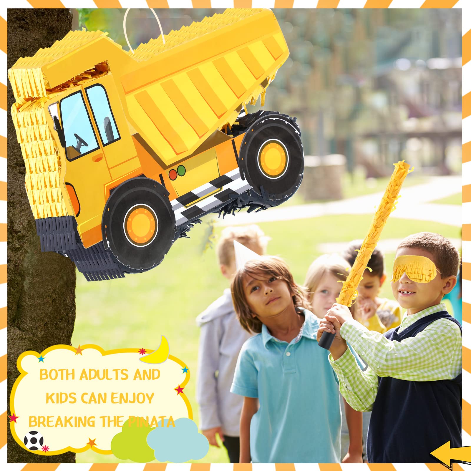 Aoriher Construction Dump Truck Piñata with Blindfold and Bat Party Decor Tractor Excavator Piñata for Boy Kids Truck Birthday Supplies