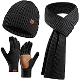 3PCS Winter Beanie Hat Scarf Touchscreen Gloves Set for Men & Women, Knitted Fleece Lined Hats Gloves Long Scarf