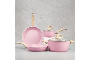 Vkoocy Pink Pots and Pans Set Non Stick, Ceramic Cookware Set with Granite Pattern Kitchen Cooking Sets Induction Pot and Pan w/Frying Pans, Saucepans, Casserole, Non-Toxic, PTFE/PFOA/PFOS-Free