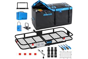 Mockins 60"x24"x6" Folding Trailer Hitch Cargo Carrier w/ 25 CuFt. Soft Vinyl Waterproof Cargo Bag for Hitch Carrier | 500 Lbs. Capacity Set w/License Plate Holder, Stabilizer, Locks, Straps, & Net