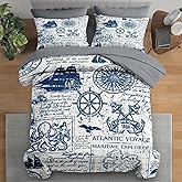 Pamnest Comforter Set Queen Size, Nautical Anchor Sailor Grey 7 Pcs Bedding for Kids and Adults, Ocean Vintage Sea Bed Sheet Sets with Fitted Sheet 2 Pillowcases & 2 Shams for Bedroom Bed Decor
