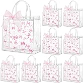 Wesnoy 24 Pcs Pink Bow Clear PVC Gift Bags with Handle and Ribbon Coquette Bowknot Reusable Plastic Party Favor Candy Treat Tote Bags for Birthday Party Supplies