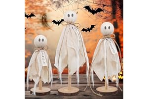 KOITHE Wooden Ghost Halloween Decorations Indoor– Set of 3 Sizes Rustic Shelf Sitters with Fabric Ghost Figures – Halloween Table Decor for Tiered Tray, Mantel, Halloween Party Supplies（White）