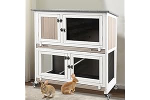 Ketive 36" L Rabbit Hutch Indoor with 4 Metal Wheels, 2-Story Wooden Bunny Hutch Outdoor Bunny Cage, 2 Deeper Pull-Out Trays, Ramp, Rabbit Cage Guinea Pig Pet House for Small Animals