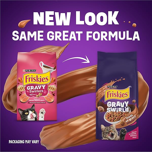 PURINA FRISKIES DRY CAT FOOD GRAVY SWIRL’D WITH FLAVORS OF CHICKEN, SALMON AND GRAVY – 3.15 LB. BAG