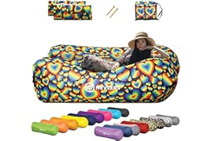 Nevlers Inflatable Lounger with Side Pockets & Matching Travel Bag - 2 Pack - Valentine's Day Rainbow Hearts Design - Waterpr
