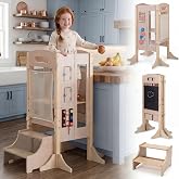 HONEY JOY Foldable Toddler Tower, Wooden Kitchen Stool Helper with 2 Step Stool, Adjustable Height, Chalkboard, Kids Learning Standing Tower with Safety Net &amp; Montessori Activity Games, Natural