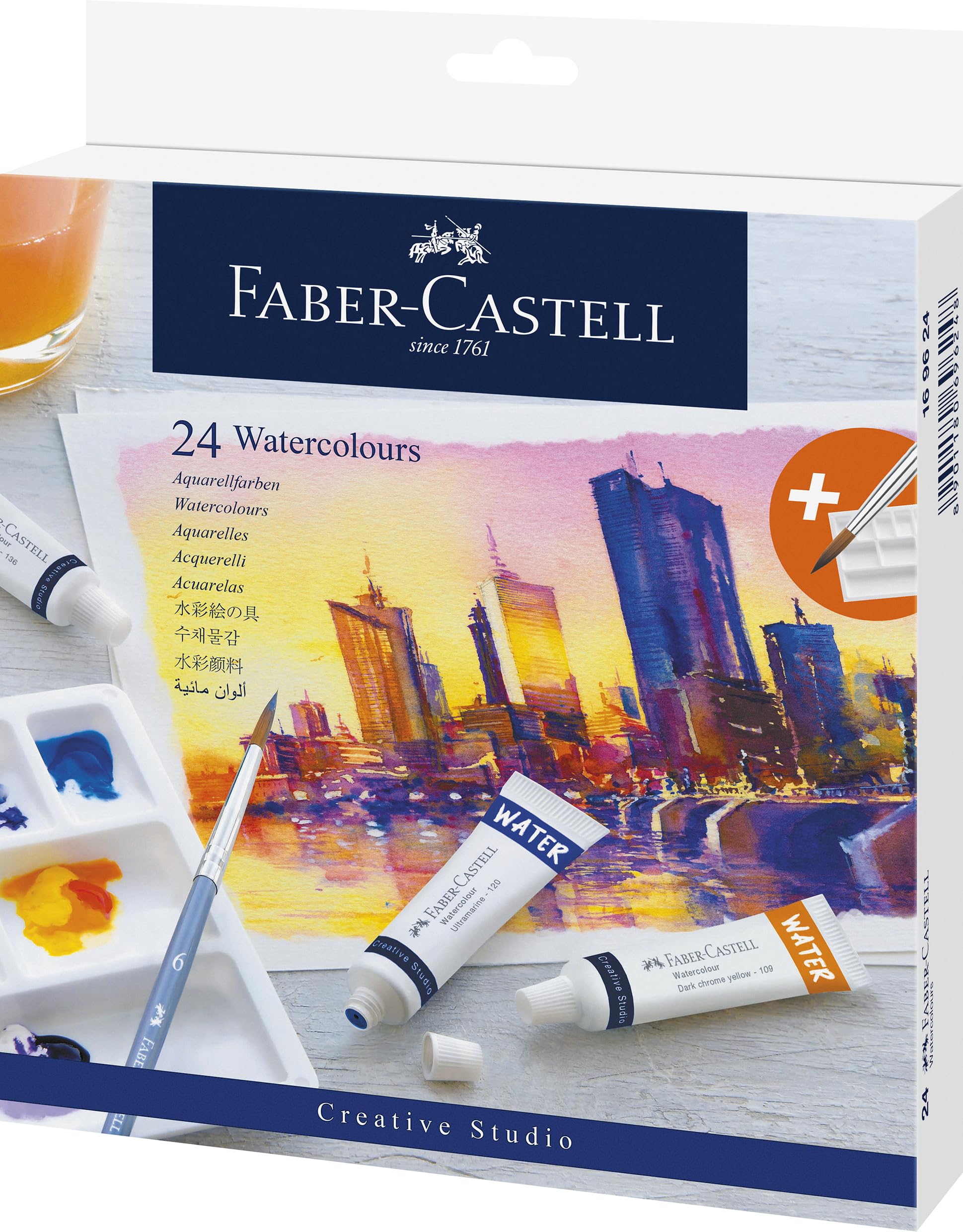 Faber-Castell Creative Studio Watercolour Set, with Mixing PaletteMulticoloured, Set of 24, for Art, Craft, Drawing, Sketching, Home, School, University, Colouring