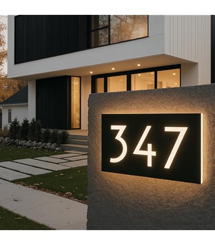 8 Inch Backlit LED House Numbers | Big, Modern Address Signs For Homes | Soft, Exterior Glow | Coated Stainless-Steel Black Finish | Weather