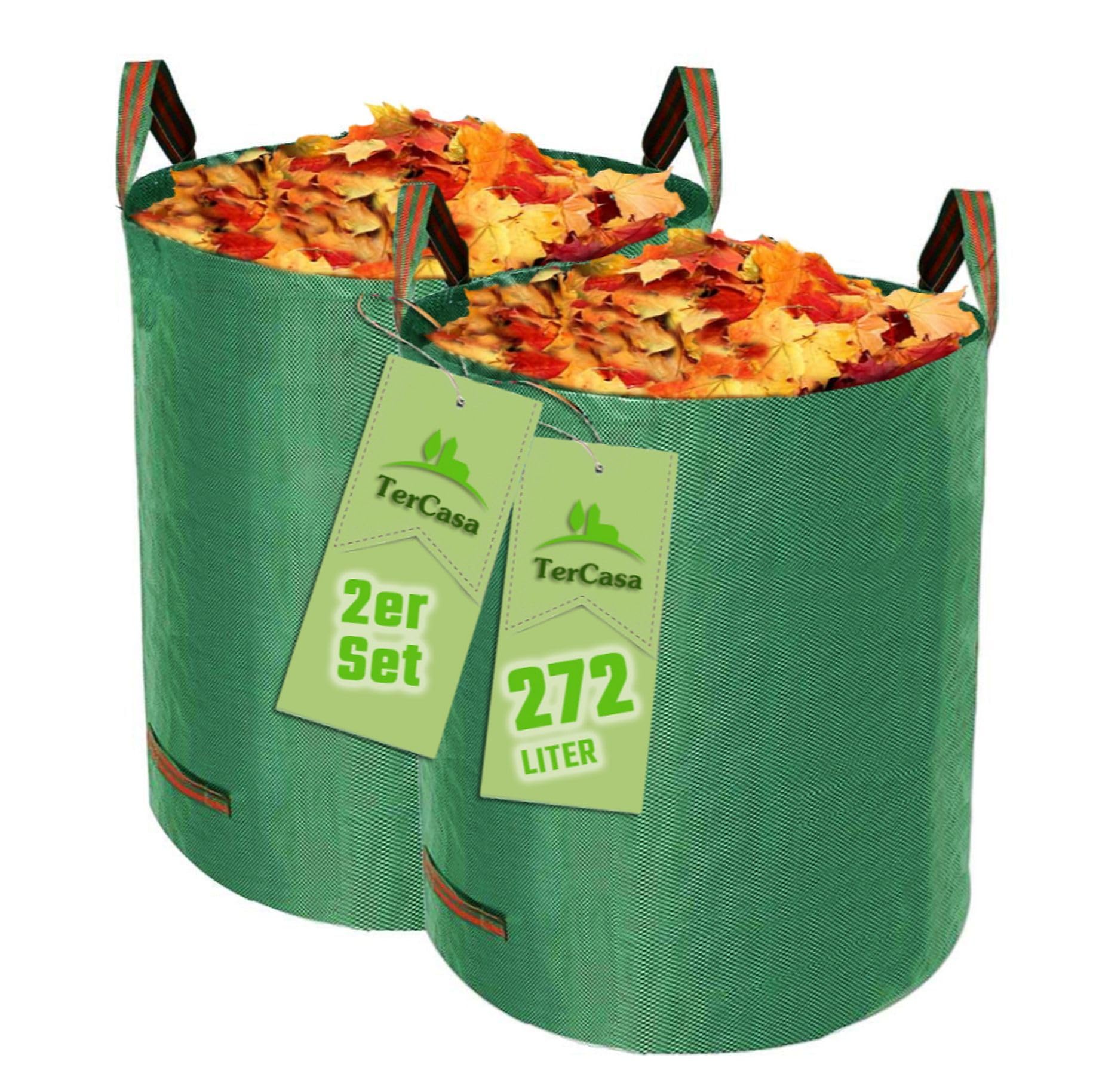 TerCasa Garden Sack 272 L Height 76 cm Diameter 67 cm with Reinforcement Ring and 4 Handles Green Pack of 2