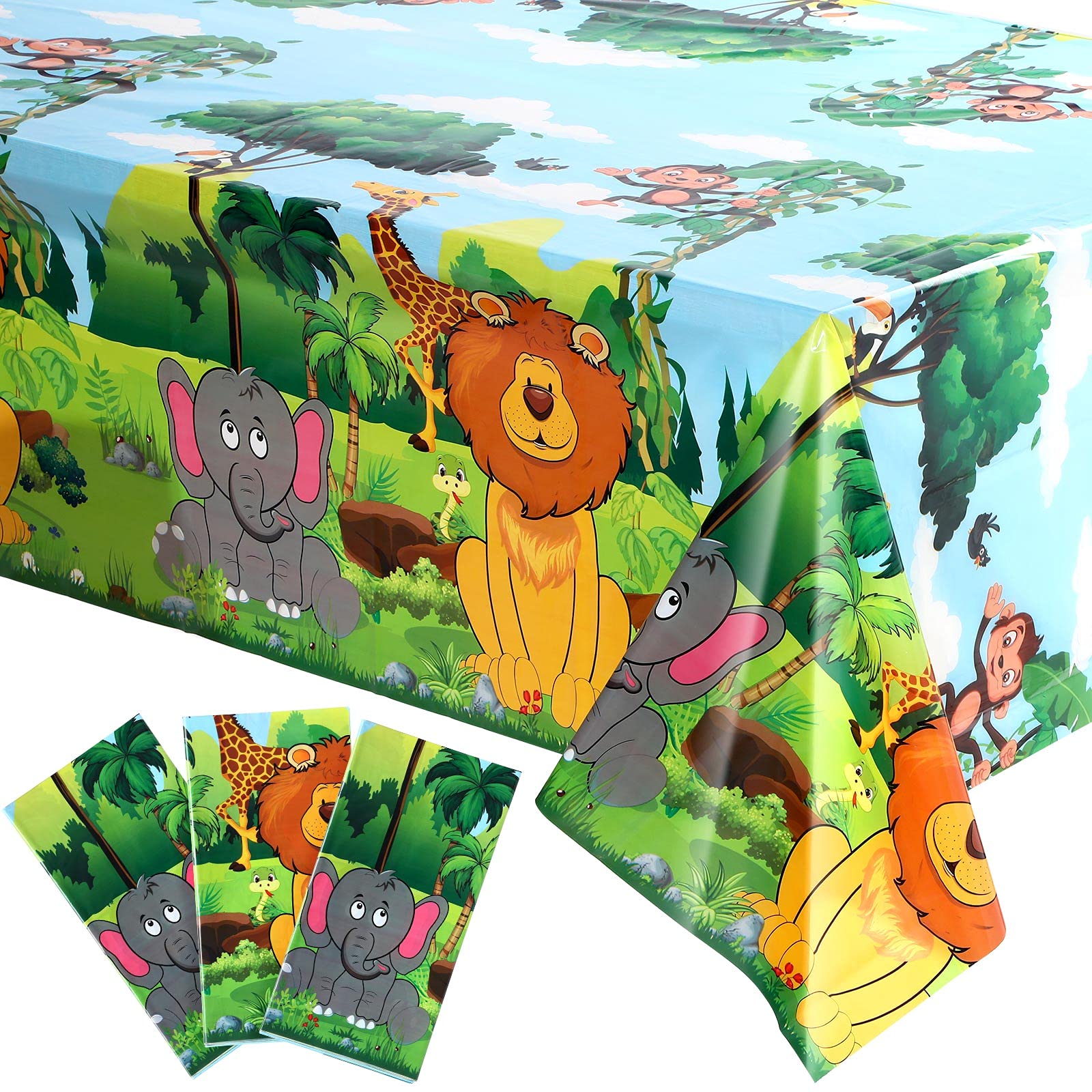 Photo 1 of Tatuo 3 Pcs Jungle Animal Party Tablecloth 54 x 108 Inch Safari Animals Table Cover Plastic Zoo Jungle Wild Creatures Printed Disposable Tablecloth for Baby Shower Decorations Birthday Party Supplies