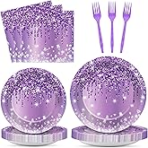 200PCS Purple Birthday Party Plates and Napkins Purple And Silver Birthday Party Decorations Purplish silver Theme Tableware Set Serves 50 Guests Girls Ladies Women Wedding Favors