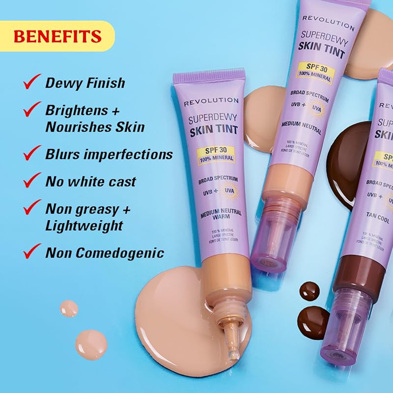 Revolution Superdewy SPF30 Skin Tint, Leichte Getönte Pflege mit SPF 30 für Empfindliche, Unreine Haut, Aufbaubare Formel, Vegan, Medium Neutral, 28 ml