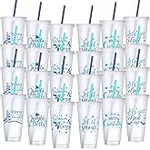 Funnymoom 24 Pcs Blue Glitter Winter Cups Bulk with Lid and Straw 24 oz Reusable Winter Plastic Tumbler with Sayings for Holiday Wonderland Baby Shower Party Supplies, 6 Styles