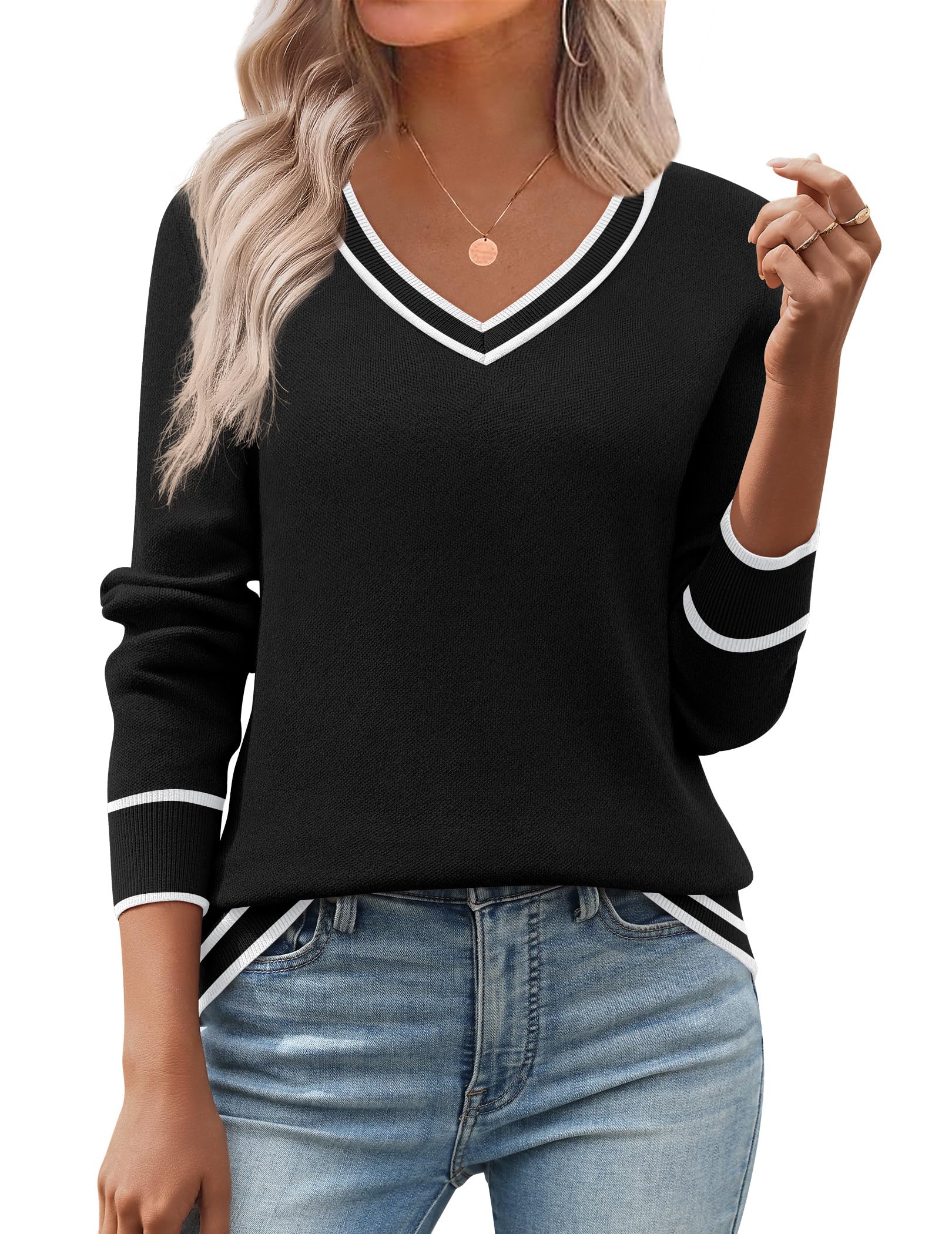 Zeagoo Women's 2026 Fall V Neck Sweater Trendy Long Sleeve Casual Lightweight Ribbed Knit Pullover Tops Image