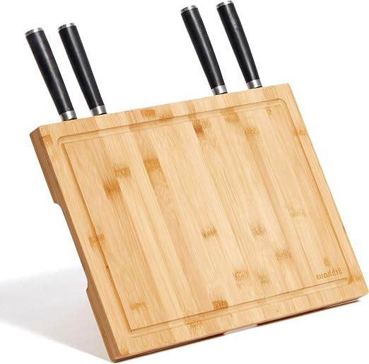 Amazon Com Bamboo Magnetic Knife Holder Large Cutting Board With Juice Grooves Back Stand Chopping Block 14 5 X 10 Meats Vegetables Bread Cheese Knife Block Storage Rack Without Knives Kitchen Dining