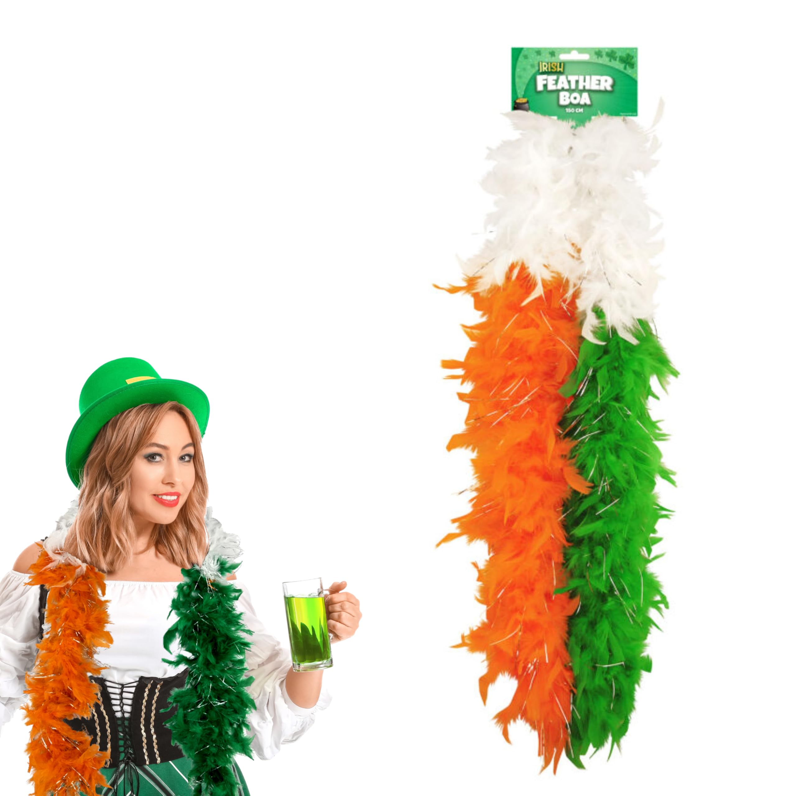 Lizzy 1 x Irish Tricolour Feather Boa with Tinsel (150cm) 1920's Burlesque Feathers for celebrating St. Patrick’s Day parades and parties Hen Nights Fancy dress Costume Accessories (1)
