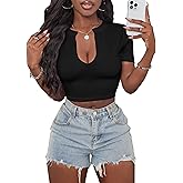 Hilinker Women's Sexy Graphic Crop Tops Short Sleeve V Neck T Shirts Summer Tees