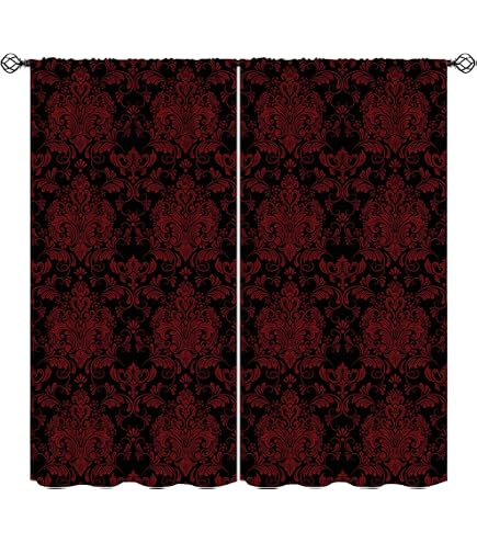 Feelyou Gothic Window Curtains - Black Red Damask, Velvet Fabric, 42" W X 90" L, 2 Panels, 30-50% Blackout