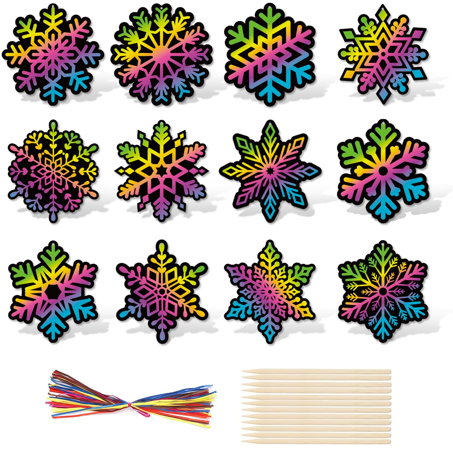 HOWAF 36pcs Christmas Scratch Art for Kids, Christmas Snowflake Rainbow Scratch Paper Hanging Snowflake Decorations Ornaments Christmas Arts and Crafts for Kids Christmas Party Bag Fillers