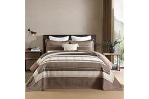 DDUOXIN Oversized King Bedspread 128" W x120 L - 100% Cotton California King Quilt with 2 Pillow Shams, Farmhouse Stripe Bedspread Reversible Lightweight Coverlet Set, Beige/Dark Brown, 3 Piece