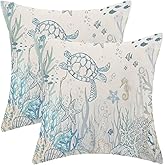 Jecuwo Nautical Coastal Pillow Covers 20x20 Set of 2 Turtle Coral Starfish Seashell Ocean Themed Decorative Cushion Cover Beach Throw Pillow Covers Linen for Home Sofa Couch Outdoor Decor