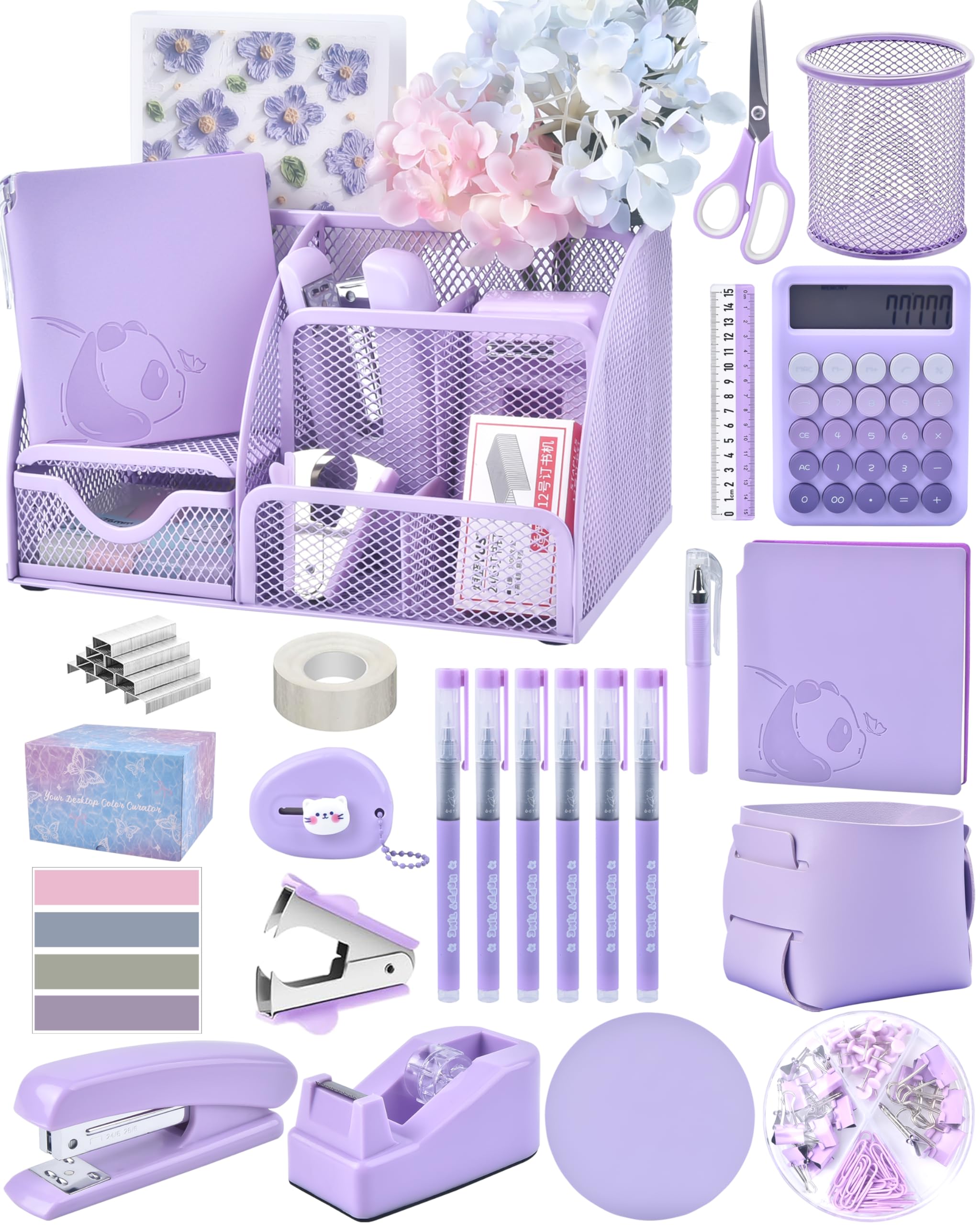 Photo 1 of 23pc Purple Desk Accessories and Organizers with Mesh Organizer Stapler Tape Dispenser Calculator and a Lot of Office Purple Office Supplies Beautifully Presented in a Gift Box