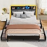 Holiwei Bed Frame Queen Size with Charging Station and LED Lights, Upholstered Storage Headboard with 4 Drawers, Heavy Duty Metal Slats, Noise Free, Easy Assembly, No Box Spring Needed