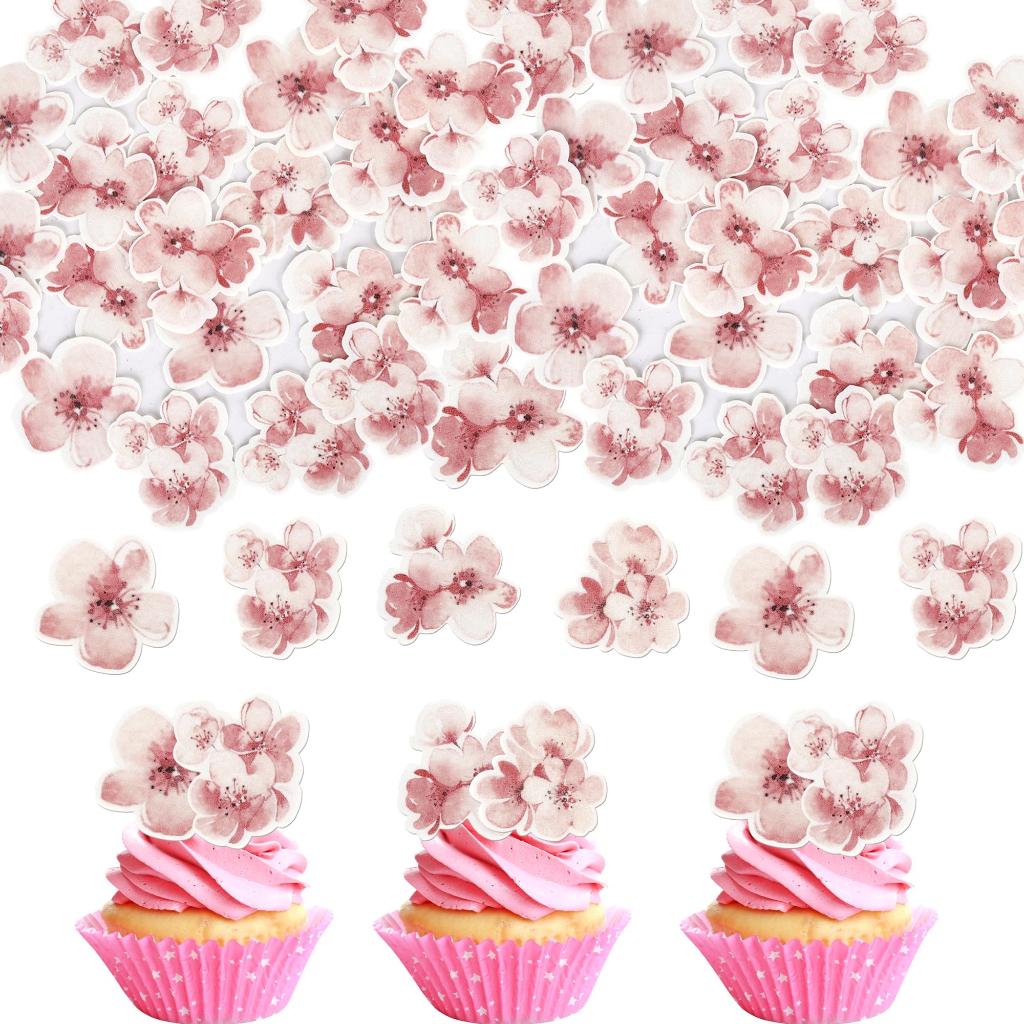 60 Pack Edible Cherry Blossom Cake Decorations Edible Cherry Blossom Flowers Cupcake Toppers Wafer Paper Flowers Cake Topper Edible Rice Paper Cake Flowers for Birthday Party Food Decorations Supplies — image 1