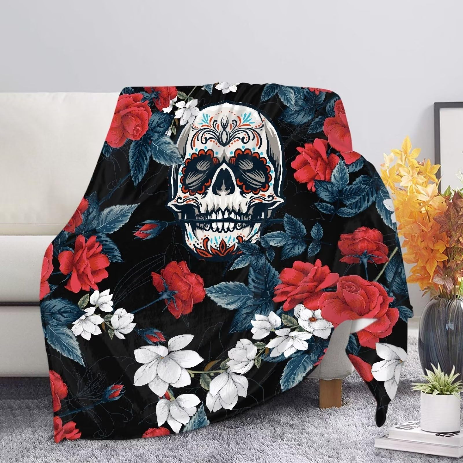 xixirimido Red Rose Skull Blanket Fleece Throws for Women Men All Seasonal Blankets Soft Cozy Plush Warm Winter Blankets for Office Picnic Sofa