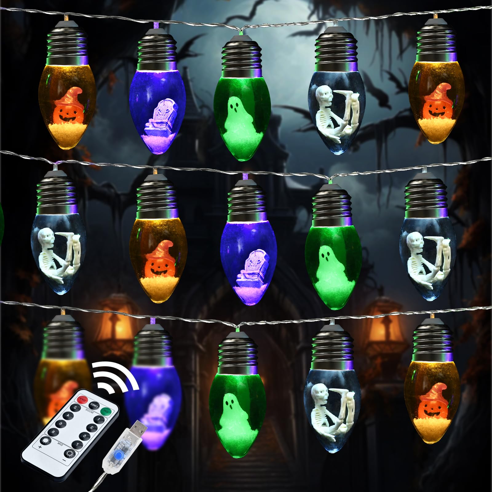 Photo 1 of 2 Pack 16.4FT Halloween Bulb String Lights Indoor, Halloween Light Indoor, Snow Globe String Lights USB Plug with 24 Spooky Charms, Remote Timer - 8 Lighting Modes for Window, Outdoor Decor