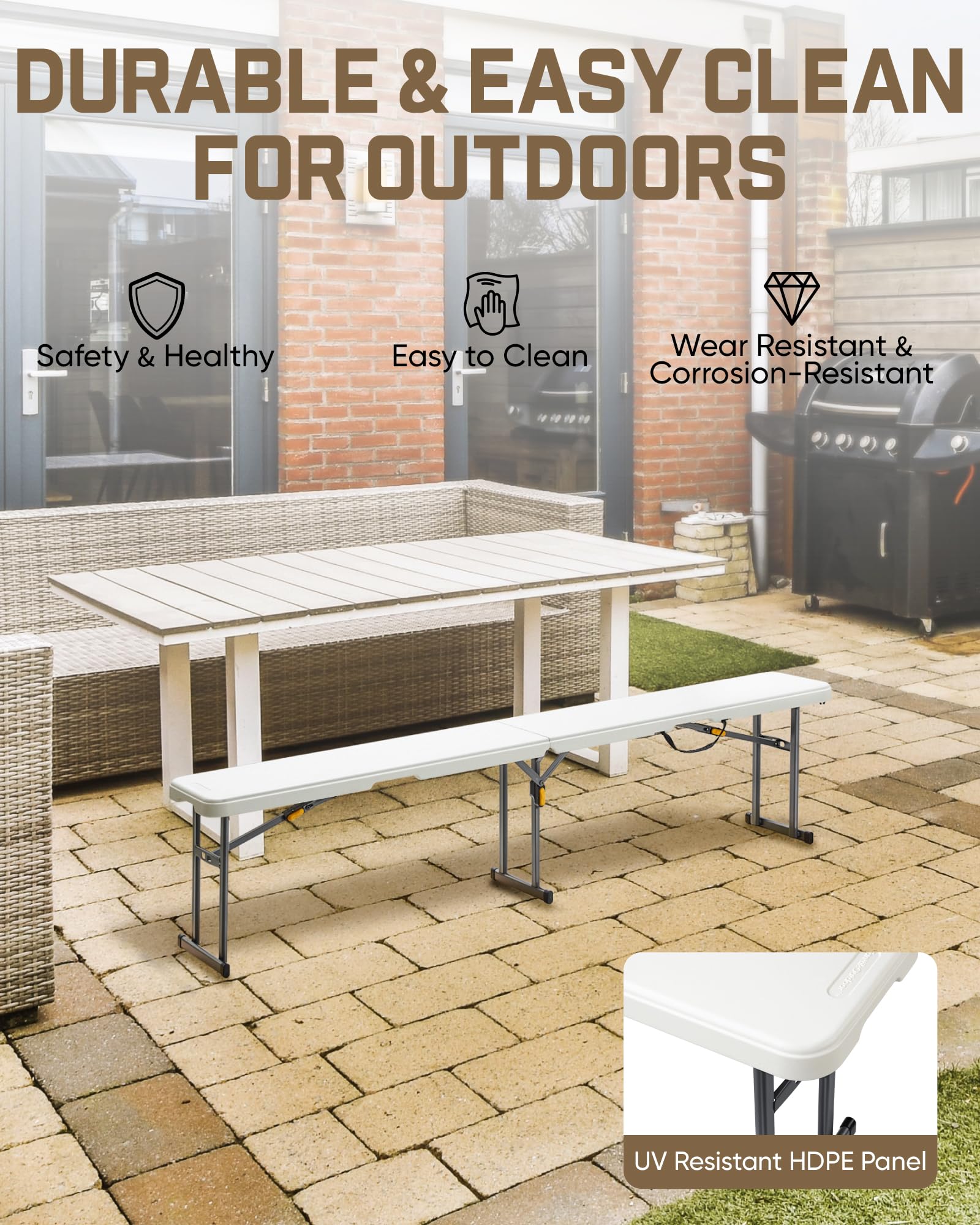 FanttikOutdoor 6ft Plastic Folding Bench with Safety Lock Carrying Handle, Portable Indoor Outdoor Bench for Party, Dining, Camping, Garden, Soccer Activities, No Assembly, 1 Pack, White Zeta I6 Pro