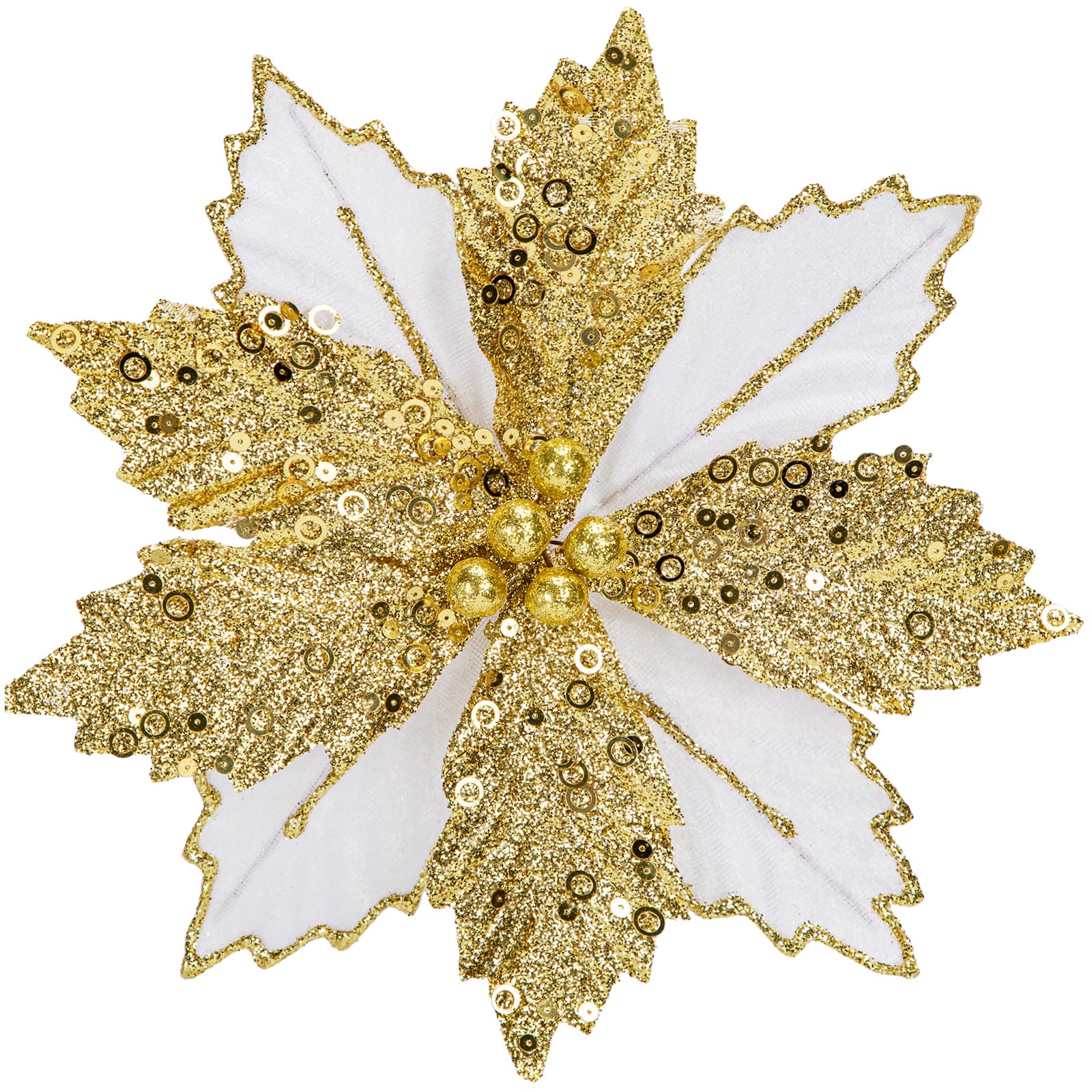 Arborus 8 PCS Poinsettia Christmas Decorations 8.3" Glitter Artificial Flowers Stem White Tree Decorations for Xmas Garland Wreath Decor