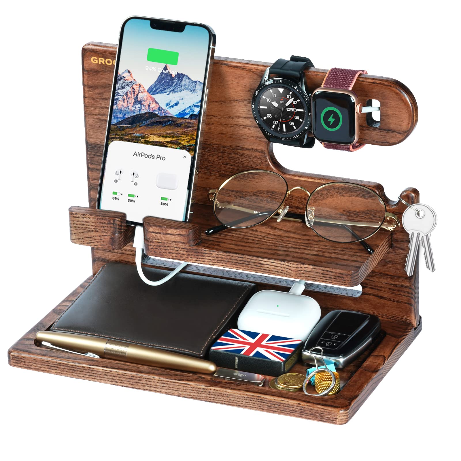Grogife Gifts for Him Bedside Organiser, Gift father's day for Dad Men Husband Boyfriend, Wooden Phone Docking Station, Ideas Birthday Presents for Daddy Grandad from Son Daughter