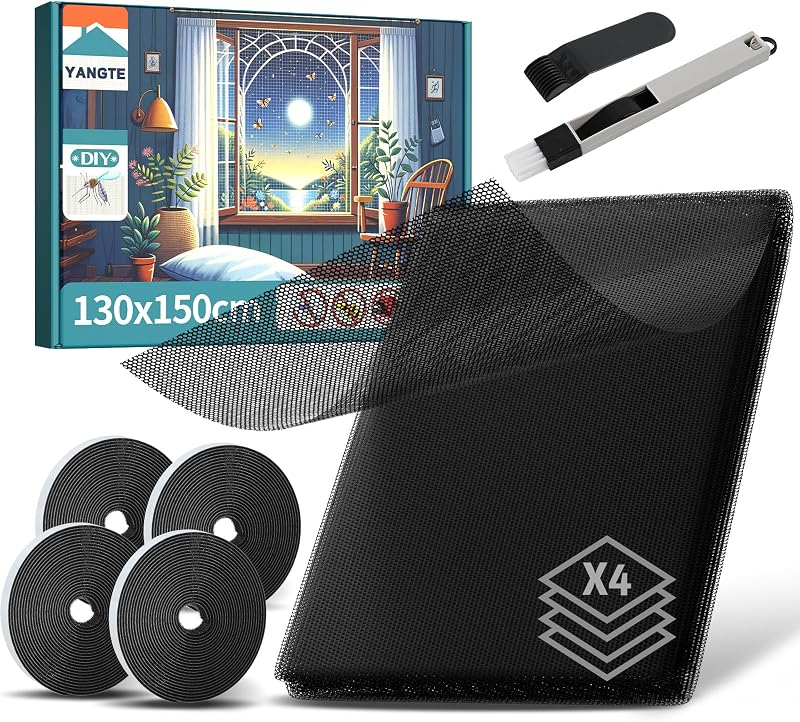 YANGTE Fly Screens for Windows 4 Pack 130x150 cm with 4 Rolls Velcro Tape