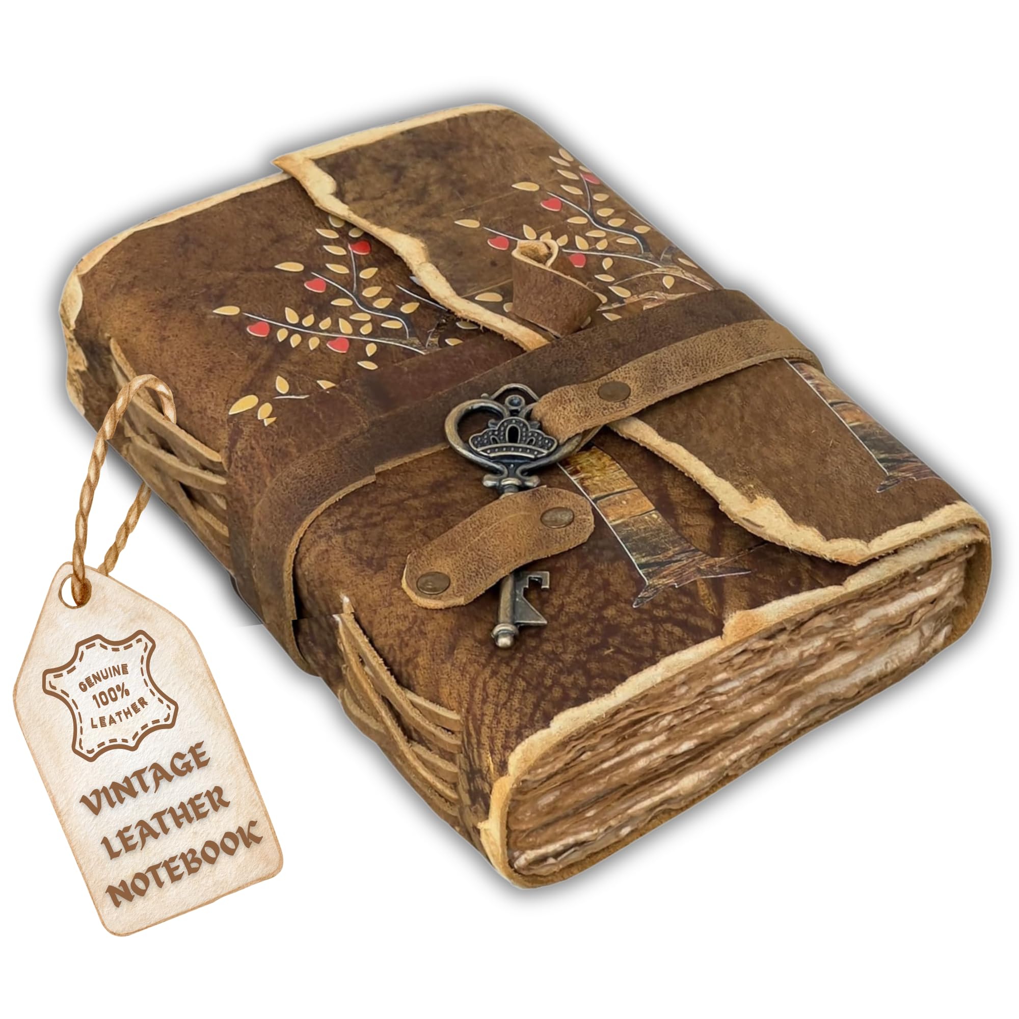 Urban Leather 7 inch Tree Life Heart Leaves Key Journal with Rustic Old Antique Deckle Edge Pages for Men Women Vintage Sketchbook Leather Bound Notebook Print Diary Blank Unlined Paper — image 1
