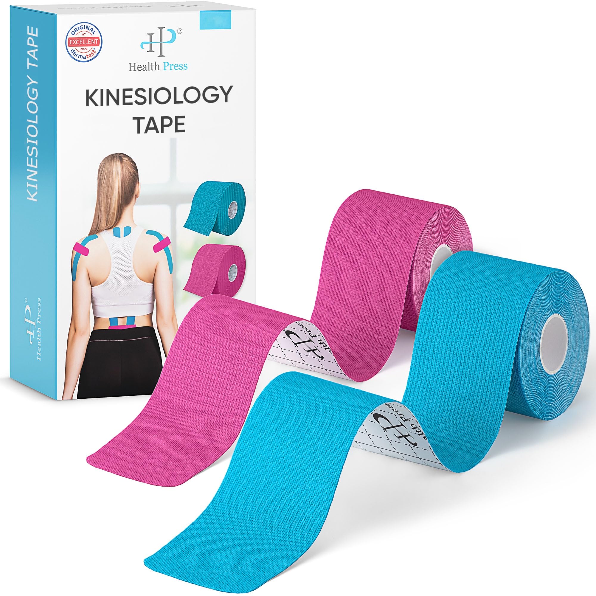 Health Press® Kinesiology Tapes – 2 Rolls (Blue + Pink) 5cm x 5m | Physio and Sports Tape | Waterproof and Elastic | Skin-Friendly Tape – Dermatologically Tested