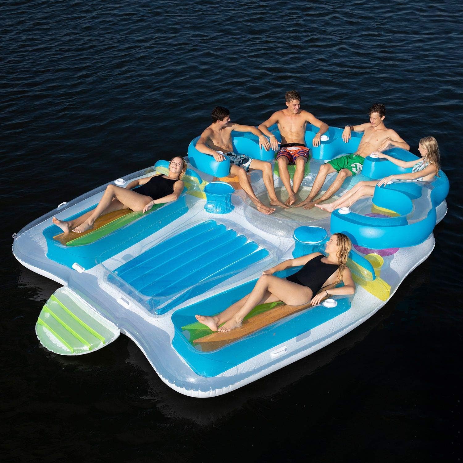Sun Pleasure 7 Person Tropical Tahiti Inflatable Floating Island with Cup Holder & Built in Cooler