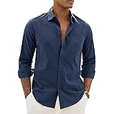 Alimens & Gentle Linen Shirts for Men Long Sleeve Casual Cotton Button Down Shirts Summer Beach Wedding Tops with Pocket