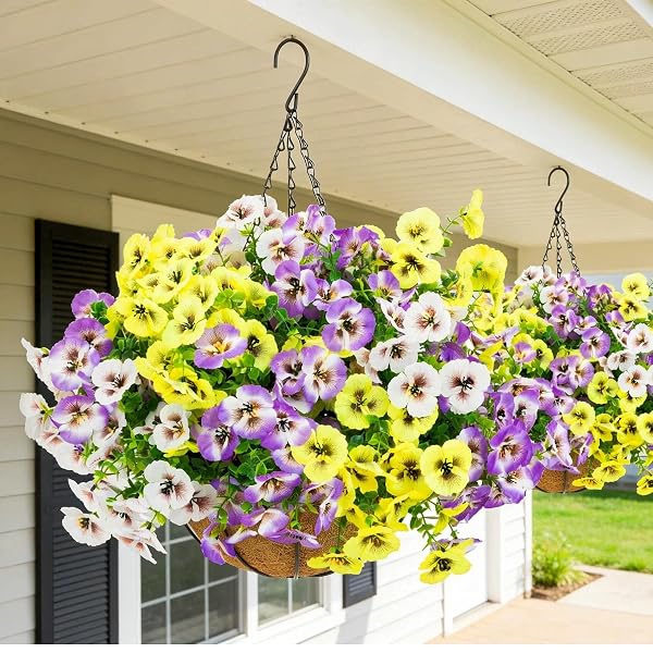 GIAUMA 18 BUNDLES ARTIFICIAL PANSY FLOWERS FOR OUTDOORS UV RESISTANT – REALISTIC SILK FAKE OUTSIDE FLOWERS FAUX PLANTS FOR OUTDOOR PLANTERS, PORCH, PATIO, GARDEN, WINDOW BOX DECORATION(3 COLORS)