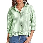 PEHMEA Women's Striped Button Down Shirt, 3/4 Sleeves Loose Fit Collared Blouse with Ruffle Casual Oversized Top