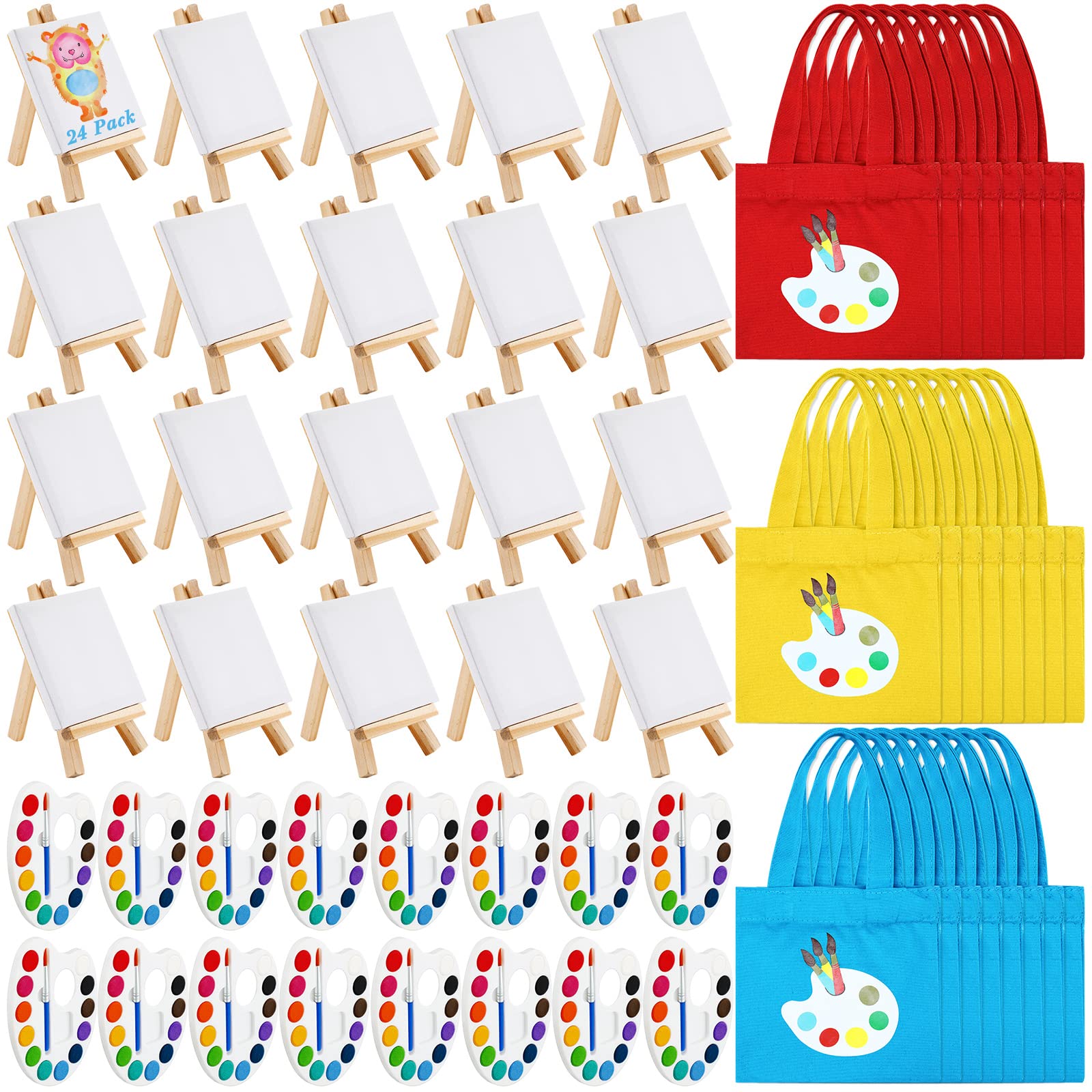 Photo 1 of Seajan 24 Set Mini Watercolor Paint Set Include 3 x 3'' Mini Canvas Wood Easel 12 Colors Watercolor Paints and Canvas Tote Bags for Back to School Classroom Art Party Favors Painting Beginner
