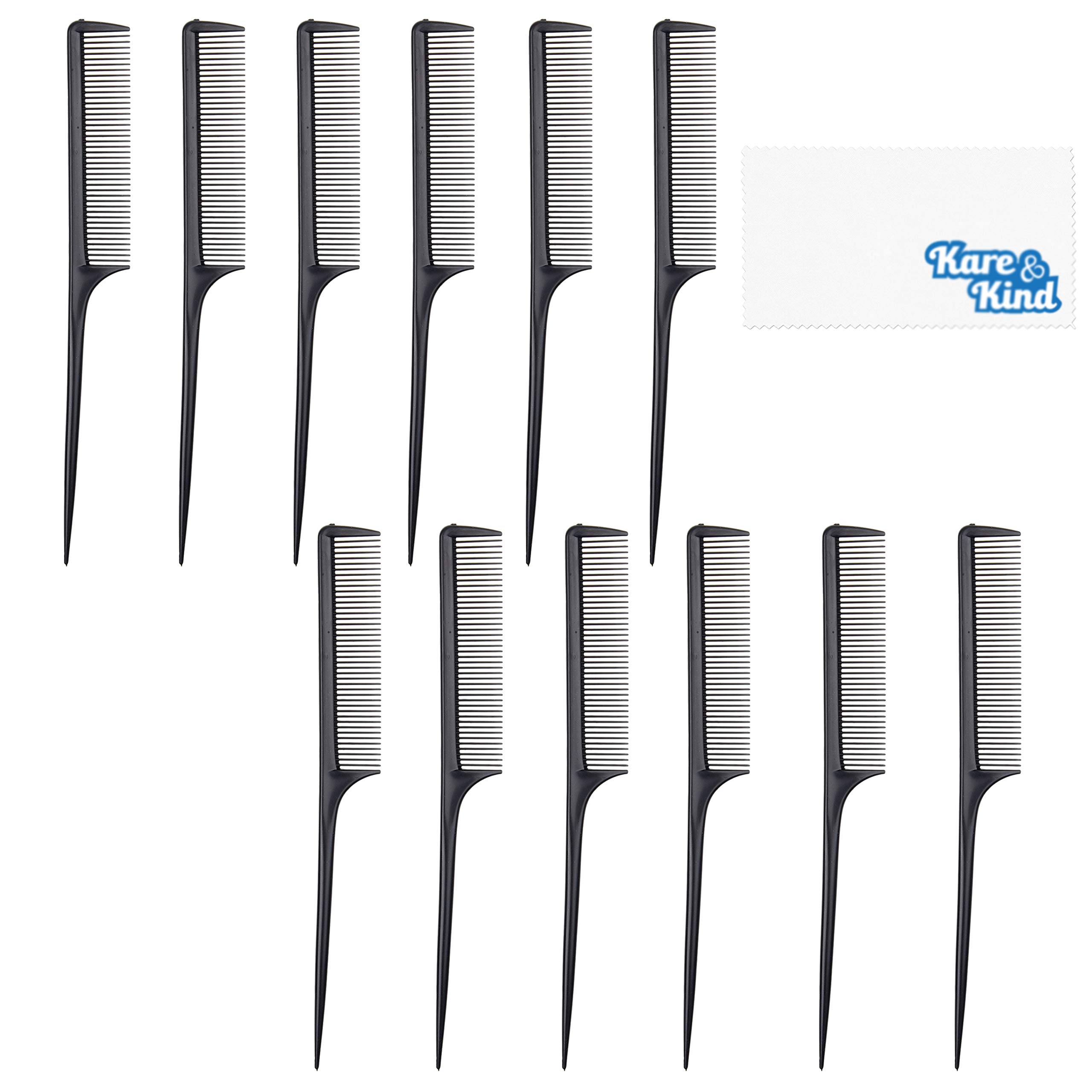 Kare & Kind 12-pack Styling Comb - Black Color - Fine Tooth Rat Tail Combs - Plastic Material - Use for Adding Volume, Trimming, Root Teasing, Sectioning, Coloring, Hairstyling - Men Women - Gift