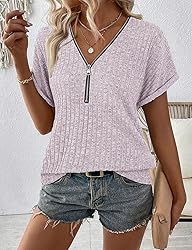 Koscacy Womens Short Sleeve Tops V Neck Zip up