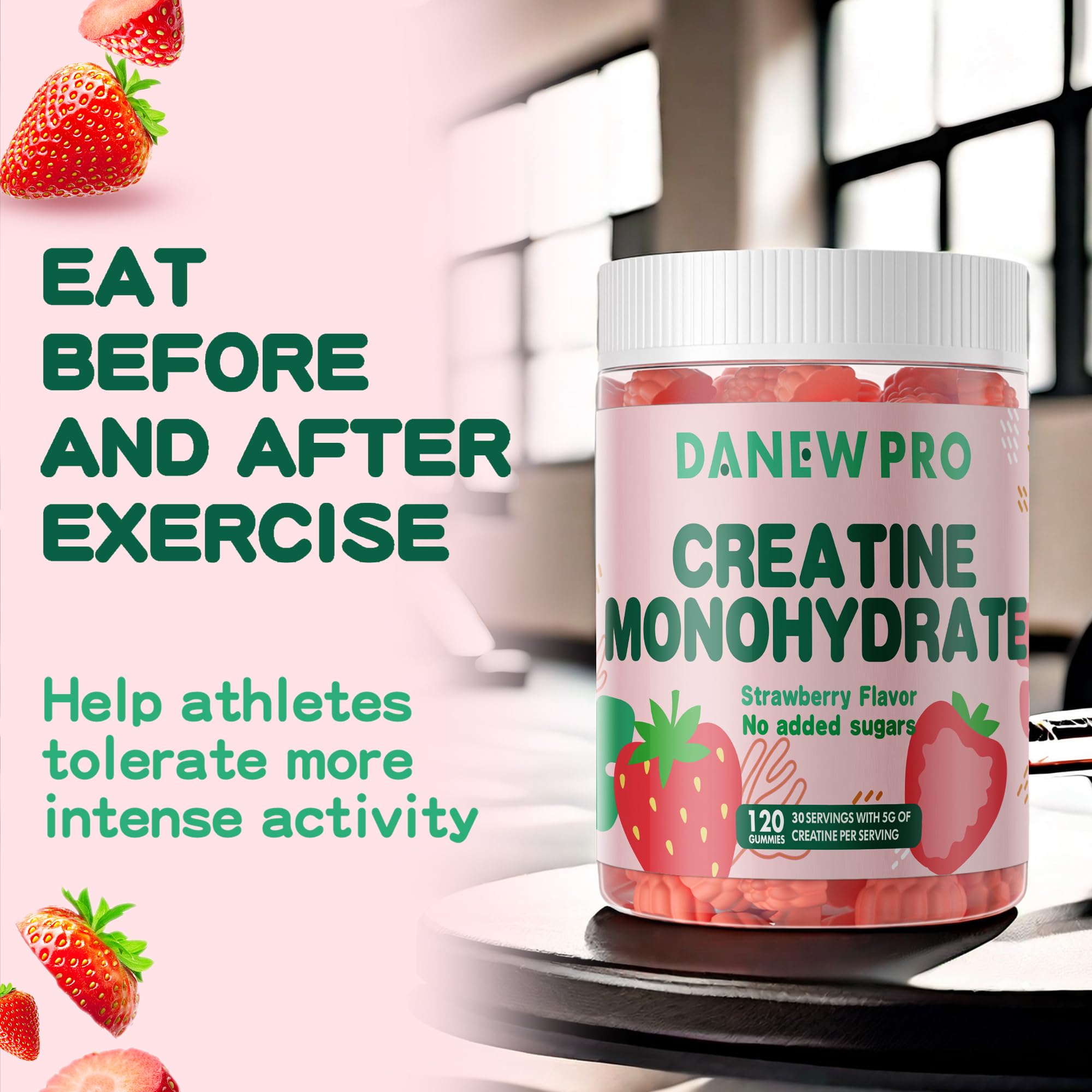 DANEW Pro Creatine Monohydrate Gummies for Men & Women, Creatine Monohydrate for Muscle Strength, Muscle Builder, Energy Boost, Pre-Workout Supplement(120 Count)-Strawberry Flavor