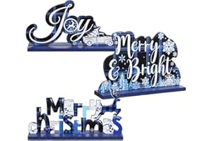 Blulu 3 Christmas Centerpieces for Tables Blue Merry Christmas Table Decorations Tabletop Wooden Sign Farmhouse Winter Centerpieces for Holiday Party Indoor Decor