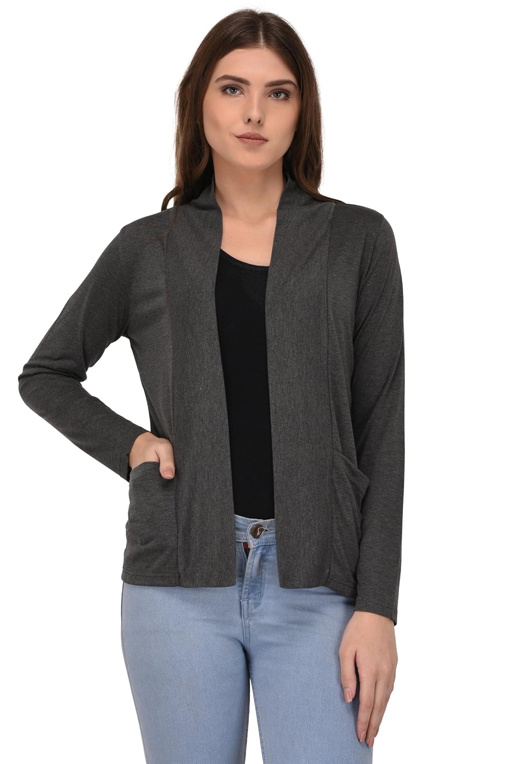espresso women's full sleeve front open viscose shrug with pocket