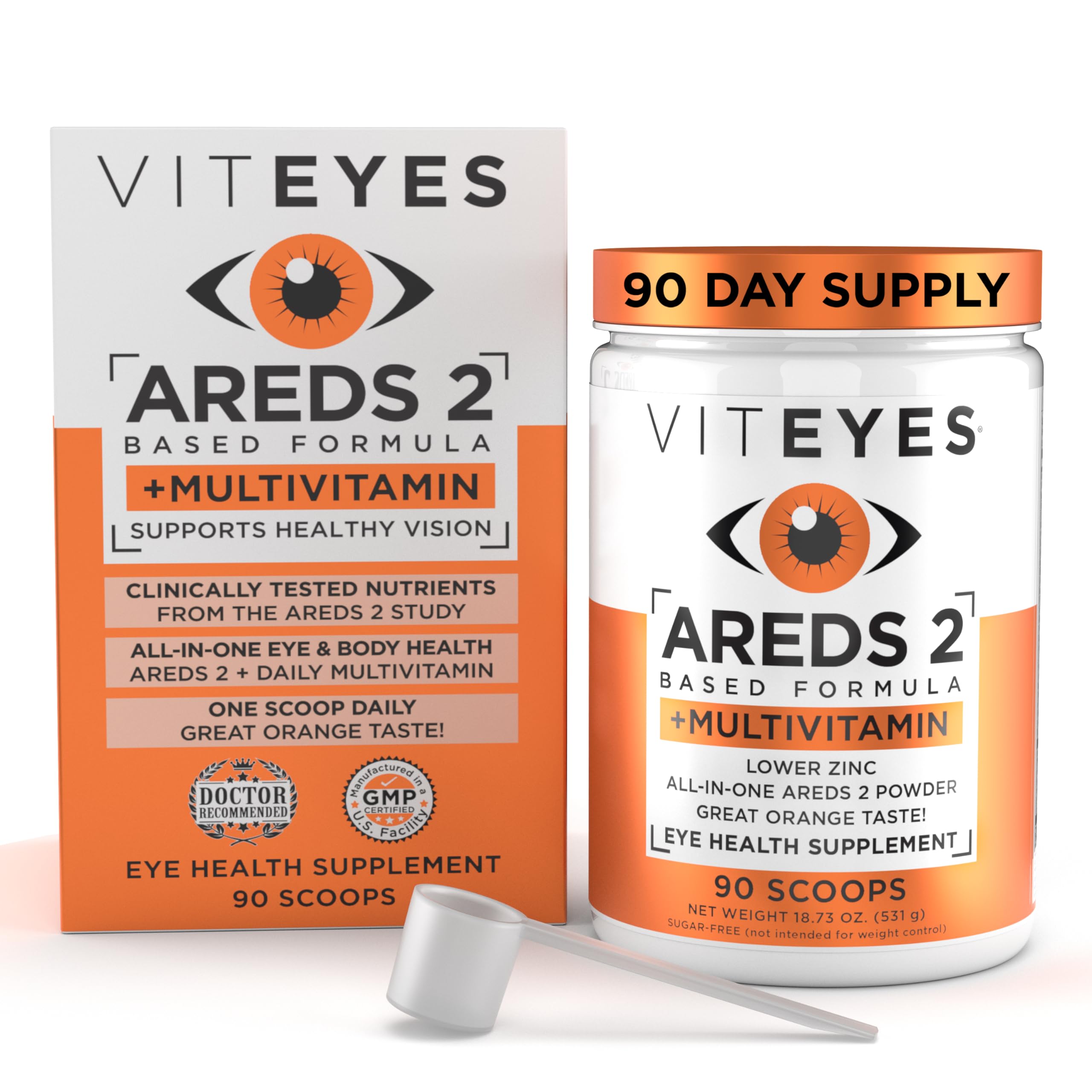 Photo 1 of Viteyes AREDS 2 Powder + Multivitamin All-in-One, Macular Protection, Alternative to AREDS 2 chewables, No Pills, Lutein & Zeaxanthin, AREDS 2 Eye Vitamins Drink, Natural Orange Flavor, 90 Scoops